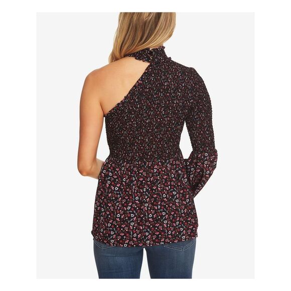 NWT CECE Womens Black Smocked Printed Long Sleeve Top M - Picture 2 of 4